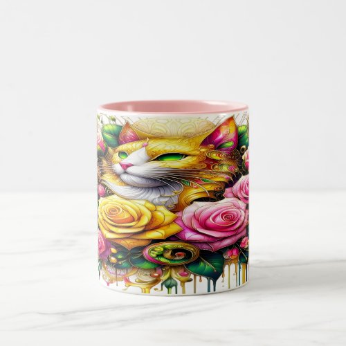 Feline Amidst a Vibrant Floral Bloom Two_Tone Coffee Mug