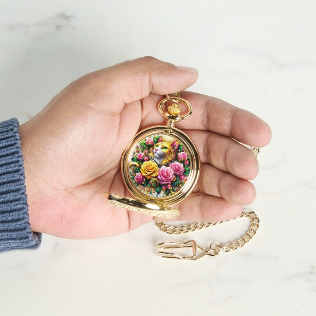 Feline Amidst a Vibrant Floral Bloom Watch (Hand)