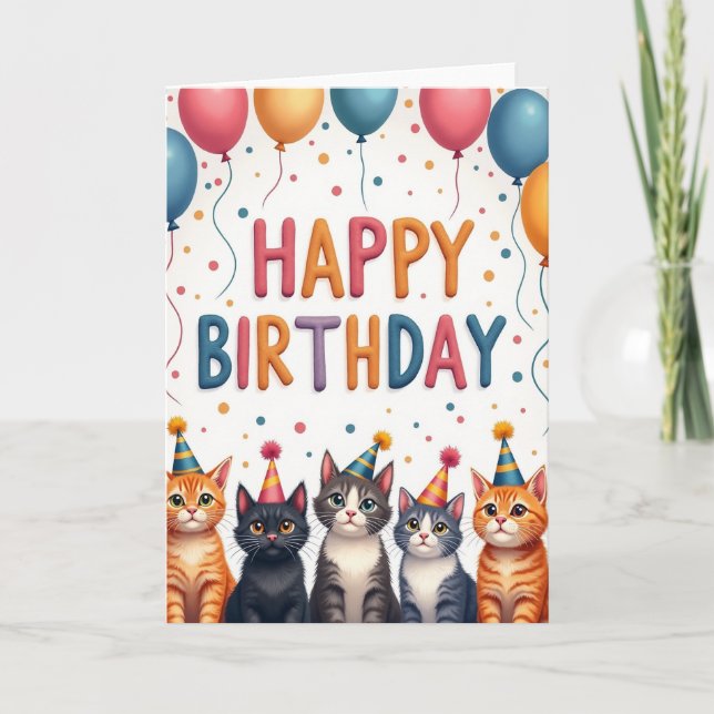 Feline Balloon Birthday Card (Front)