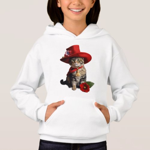 Feline Elegance Red Hat Cat Pullover Hoodie