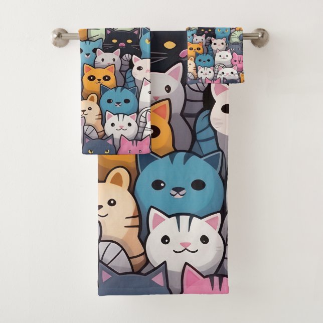 Feline Fantasy: Cute Anime Cats Galore Bath Towel Set (Insitu)