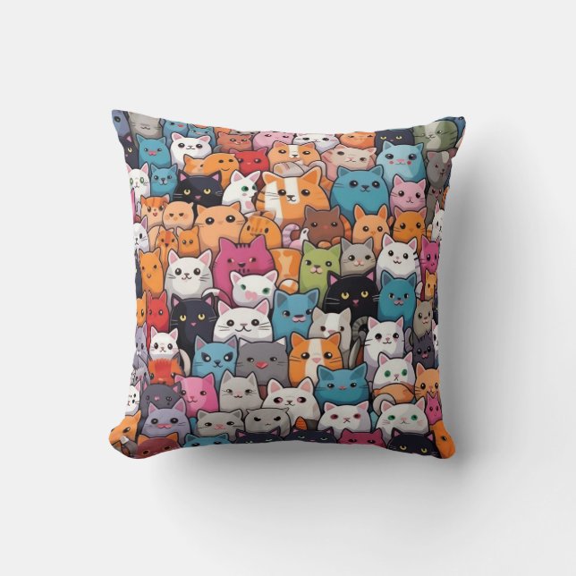 Feline Fantasy: Cute Anime Cats Galore Throw Pillow (Front)