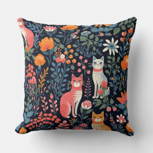 Feline Fantasy Garden Throw Pillow