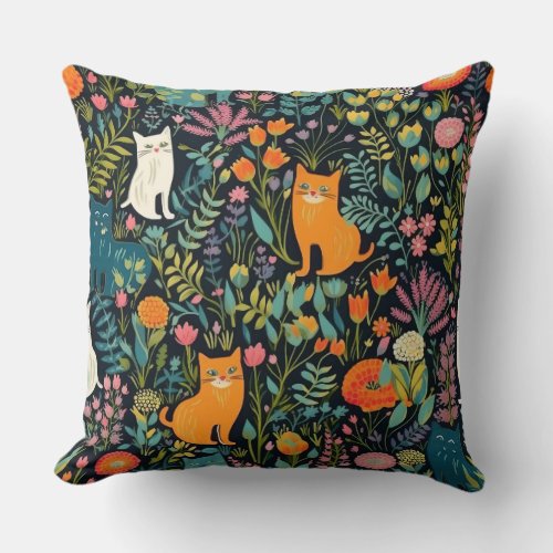 Feline Fantasy Garden Throw Pillow