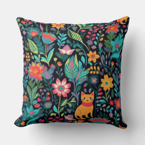 Feline Fantasy Garden Throw Pillow