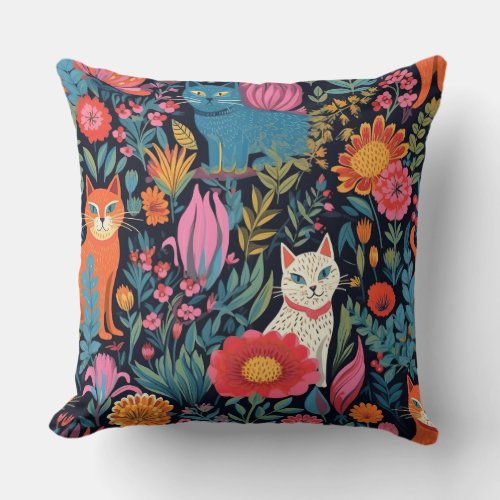 Feline Fantasy Garden Throw Pillow