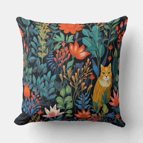 Feline Fantasy Garden Throw Pillow