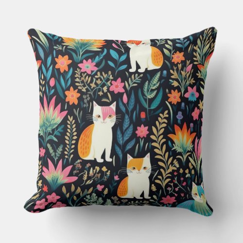 Feline Fantasy Garden Throw Pillow