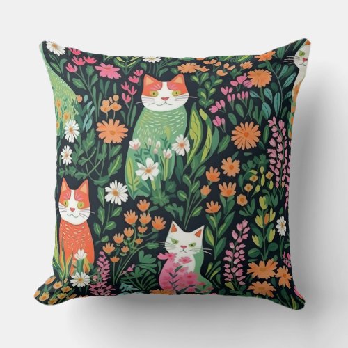 Feline Fantasy Garden Throw Pillow