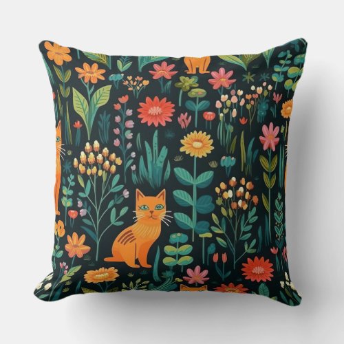 Feline Fantasy Garden Throw Pillow