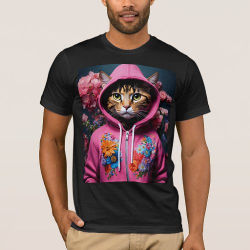 Feline Fashion Stylish Cat in Floral Embellished  T_Shirt