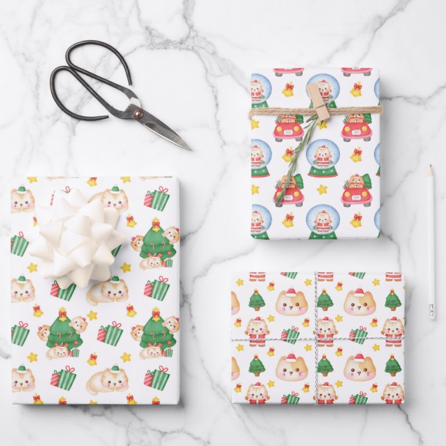 Feline Festivities Cat Themed Christmas Holiday Wrapping Paper Sheets (Front)