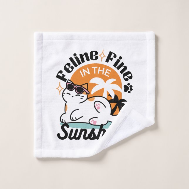 Feline Fine in the Sunshine – Relaxed Tropical Cat Bath Towel Set (Wash Cloth)