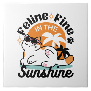 Feline Fine in the Sunshine – Relaxed Tropical Cat Ceramic Tile