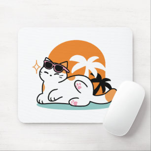 Feline Fine in the Sunshine – Relaxed Tropical Cat Mouse Pad