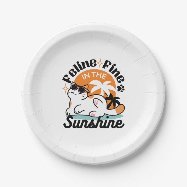 Feline Fine in the Sunshine – Relaxed Tropical Cat Paper Plates (Front)