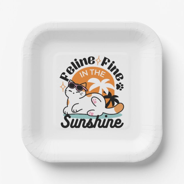 Feline Fine in the Sunshine – Relaxed Tropical Cat Paper Plates (Front)