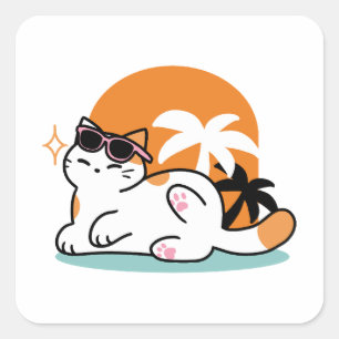 Feline Fine in the Sunshine – Relaxed Tropical Cat Square Sticker