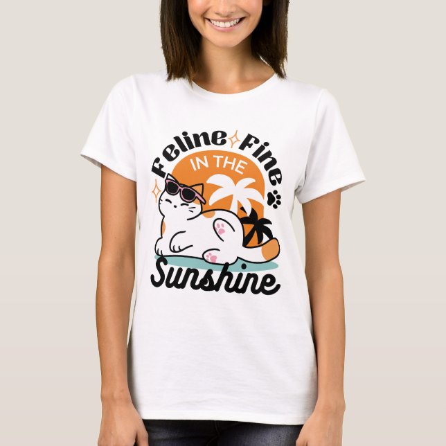 Feline Fine in the Sunshine – Relaxed Tropical Cat T-Shirt (Front)