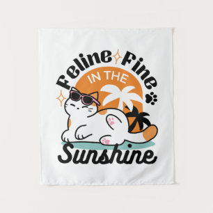 Feline Fine in the Sunshine – Relaxed Tropical Cat Tapestry