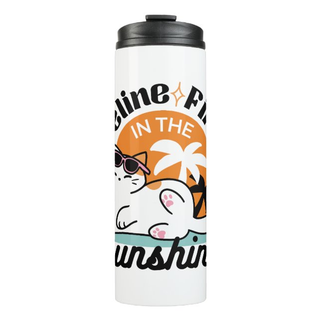 Feline Fine in the Sunshine – Relaxed Tropical Cat Thermal Tumbler (Front)