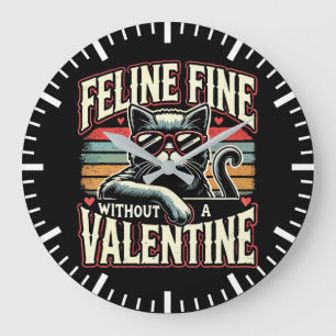 Feline Fine Without Valentine Cat Anti-Valentines Large Clock