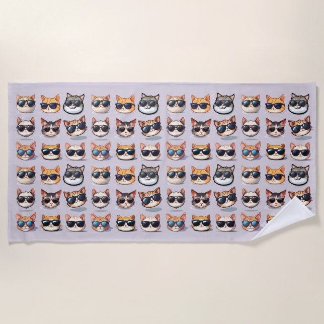 Feline Frenzy Light Purple Cat Theme Beach Towel (Front)