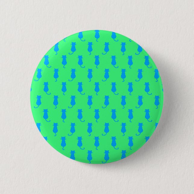 Feline Fun Forever Whimsical Blue Cats Lime Green Button (Front)