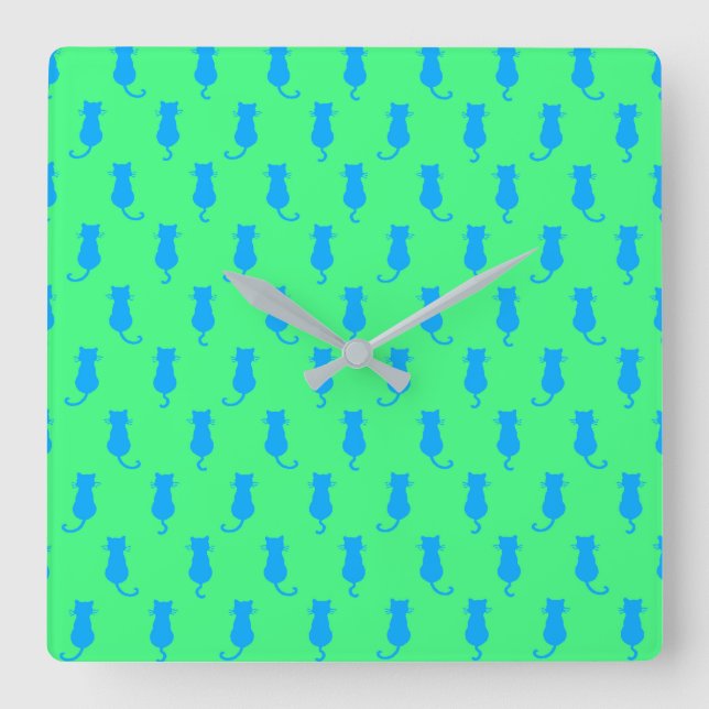 Feline Fun Forever Whimsical Blue Cats Lime Green Square Wall Clock (Front)