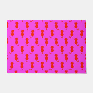 Feline Fun Forever Whimsical Red Cats Pink Doormat