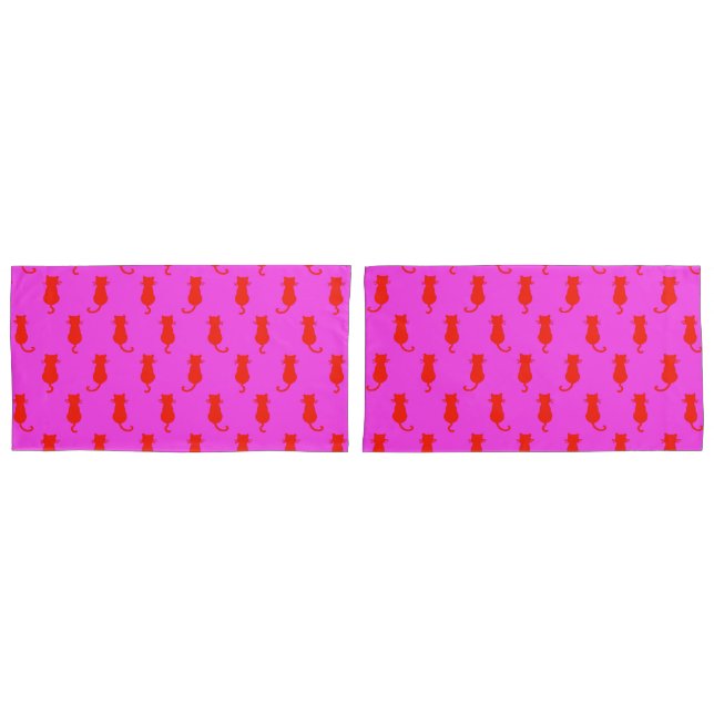Feline Fun Forever Whimsical Red Cats Pink Pillow Case (Front-Set)