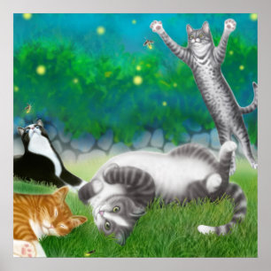 Feline Fun with Fireflies Poster