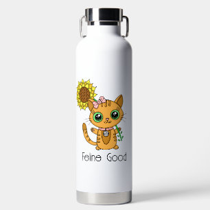 Feline Good Cute Cartoon Kitty Cat Pun Water Bottle