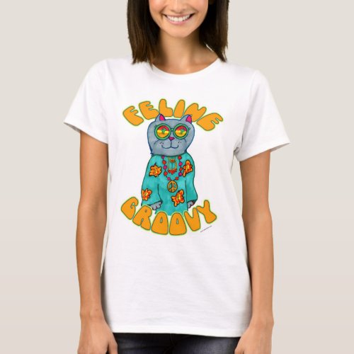 Feline Groovy Hippie Cat Cartoon T_Shirt