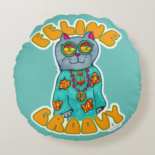 Feline Groovy Hippie Cat Marker Art Design Round Pillow