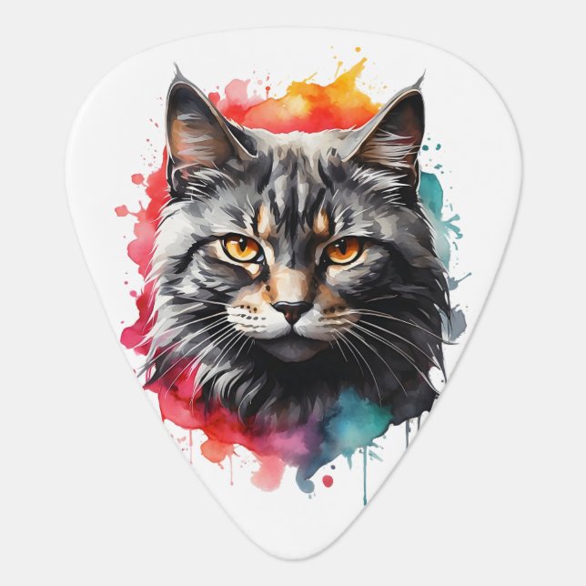 Feline Kitty Gray Tiger-Striped Cat Watercolor  Guitar Pick (Front)