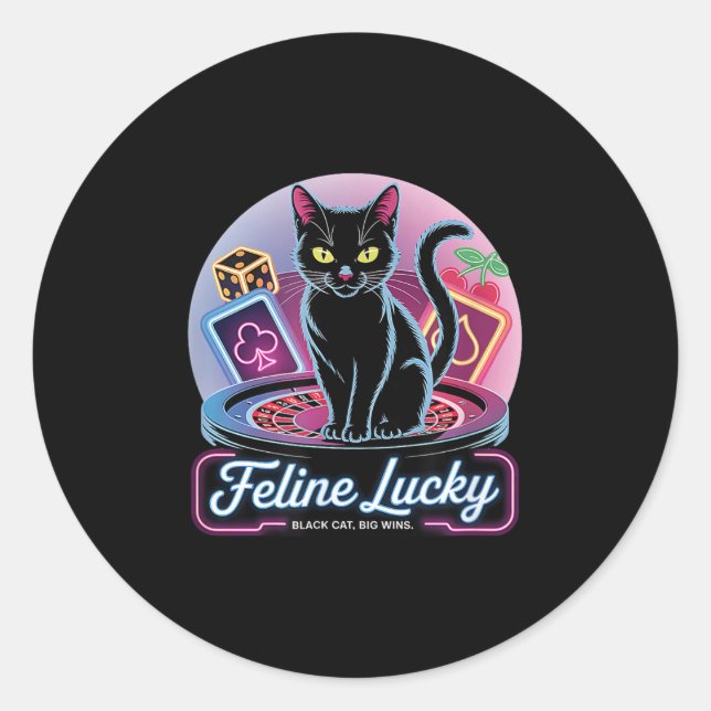 Feline Lucky Gambling Casino Cat Game Player &amp; Classic Round Sticker (Front)