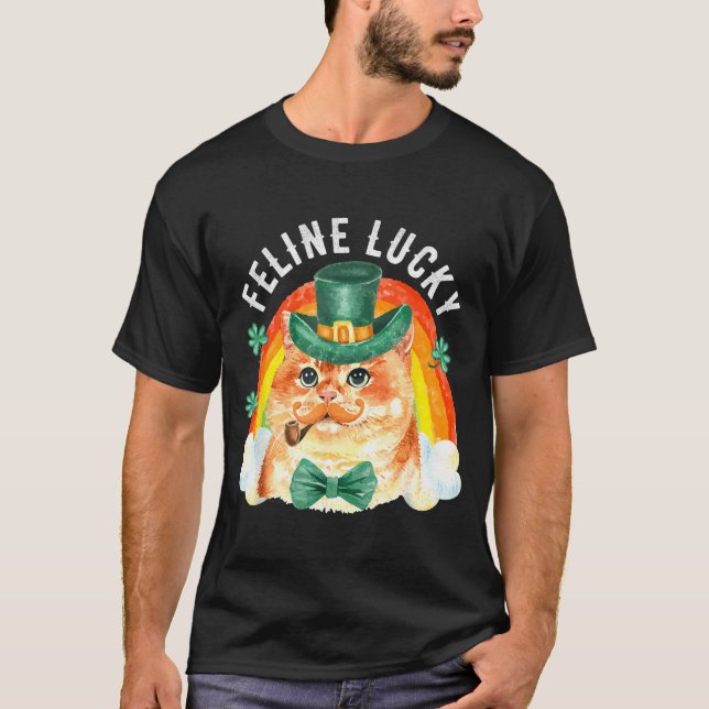 Feline Lucky St Patricks Day Funny Leprechaun Cat  T-Shirt (Front)