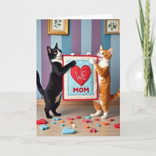 Feline Mothers Day Textile Heart Card (Front)