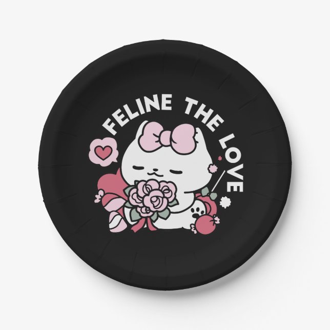 Feline the Love - Cute Valentine’s Cat Design Paper Plates (Front)