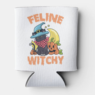 Feline Witchy Funny Spooky Halloween Cat Kitten Can Cooler