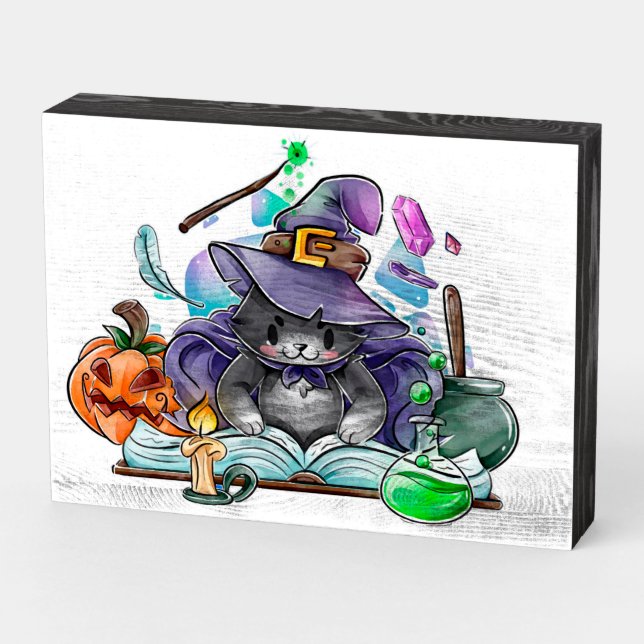 Felix The Magical Wizard Cat Wooden Box Sign (Angled Horizontal)