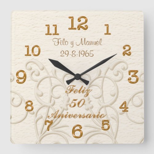 Feliz 50 Aniversario with Couples NAMES and DATE Square Wall Clock