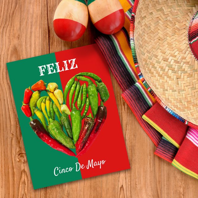 Feliz Cinco de Mayo Chili Peppers Heart Postcard (Cinco de Mayo postcard)