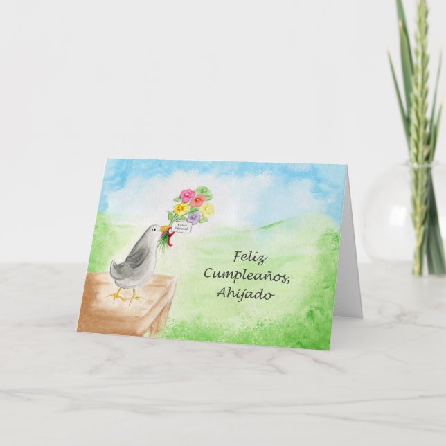 Feliz Cumpleanos Ahijado, Pajaro con Flores Card (Front)