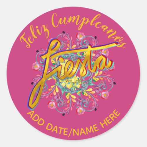 Feliz Cumpleanos FIESTA Folk Flowers Personalized Classic Round Sticker