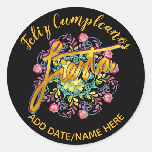 Feliz Cumpleanos FIESTA Folk Flowers Personalized Classic Round Sticker