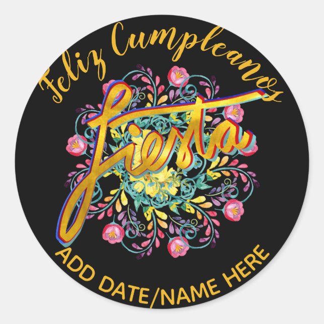 Feliz Cumpleanos FIESTA Folk Flowers Personalized Classic Round Sticker (Front)