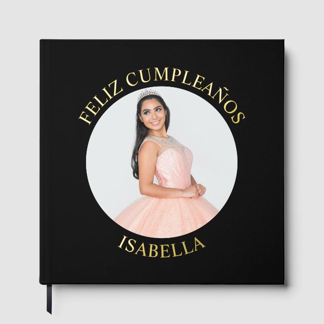 Feliz Cumpleaños Round Photo Black Foil Guest Book (Front)