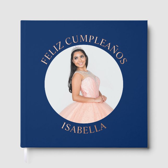Feliz Cumpleaños Round Photo Navy Blue Foil Guest Book (Front)